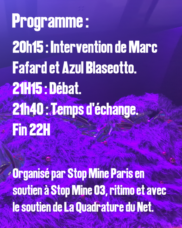 Programme détaillé de la soirée :\n20h15: Intervention de Marc Fafard et Azul Blaseotto\n21h15: Débat\n21h40: Temps d'échange\nFin 22h.\nListe des entités organisateurices.